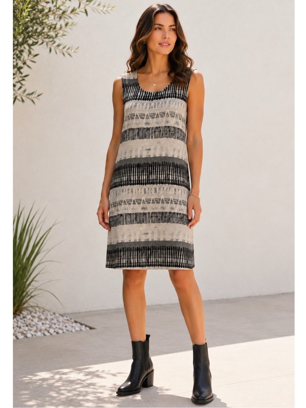 COMPLI K Geometric Print Sleeveless Knit Dress Womens Large Coastal Minimalist